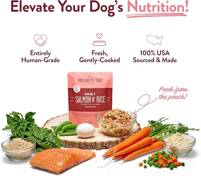 Portland Pet Food Company Fresh Dog Food Pouches Human-Grade Toppers Wet Pet Meal & Mix-Ins - Gluten-Free Limited Ingredient Wally’s Salmon N’ Rice - Large & Small Breed, Puppy to Senior - 8 Pack