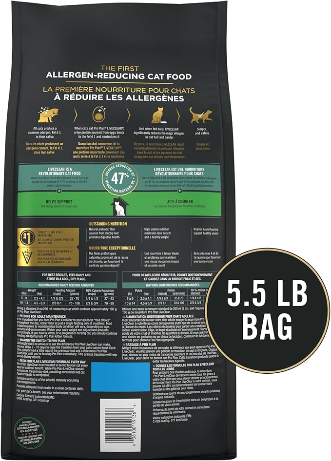 Purina Pro Plan Indoor Cat Food LiveClear Cat Allergen Reducing Turkey and Rice Formula - 5.5 lb. Bag