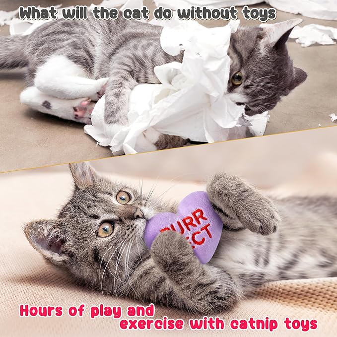 MALLMALL6 5Pcs Valentine’s Day Conversation Heart Candy Catnip Toys for Cat, Catmint Interactive Kitten Teething Chew Kick Toy for Indoor Cats, Soft Pet Sweetheart Gift Supplies