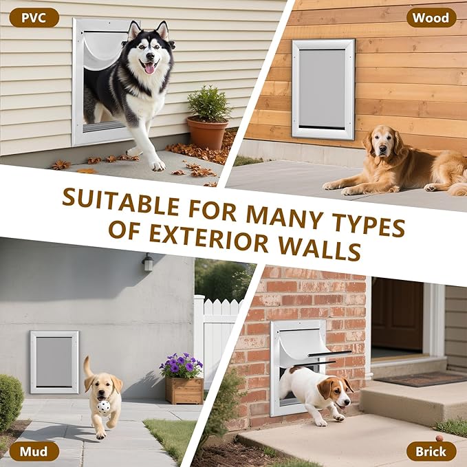 Ownpets Aluminum Large Dog Door for Wall and Door, Double Flap Energy Efficient, Telescoping Tunnel and Lock Panel, Heavy Duty Doggy Door for Dogs Up to 100lbs