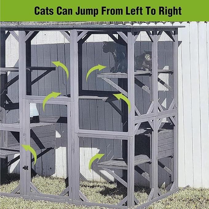 GUTINNEEN Catio Outdoor Cat Enclosure Large Walk in Window Cat House for Mulitiple Cats with 7 Platforms and 2 Resting Box,Asphalt Roof,70 inch