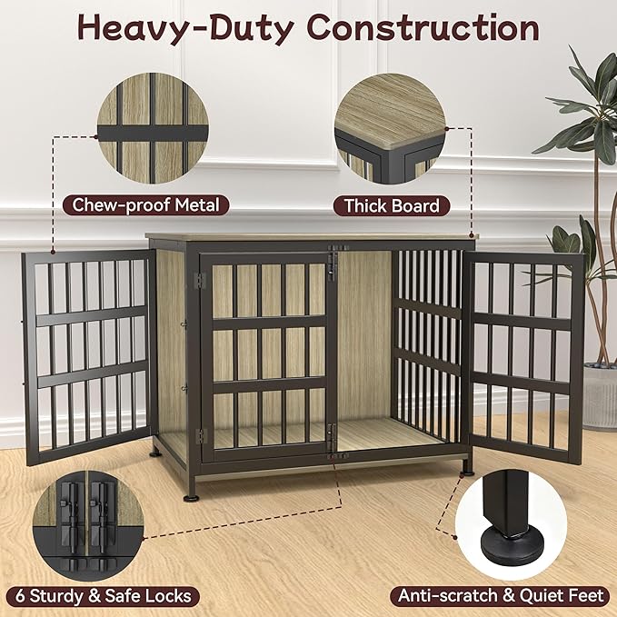 33'' Dog Crate Furniture Large Breed Dog Crate Dog Kennels for Inside Wooden Dog Crates End Table Heavy Duty Indoor Combination Cage for Medium to Large Dogs Maple
