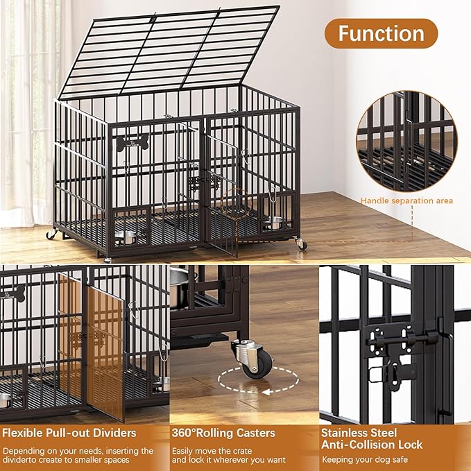 Dosker 42 inch Heavy Duty Metal Dog Crate with Divider for 2 Dogs/Large Dog, All Metal Open Top Escape Proof Cage, Indoor Dog Kennel with Wheels, Floor Grid, Tray, Feeding Bowl