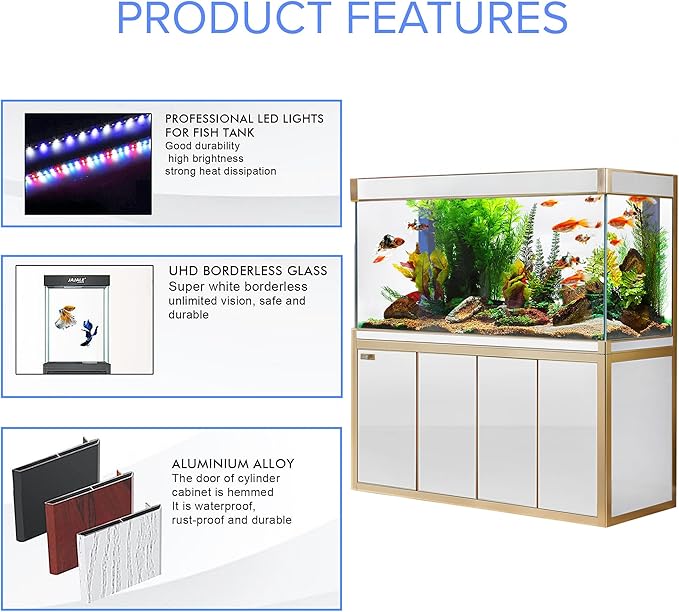 Aqua Dream 250 Gallon, All-in-One Aquarium Fish Tank with Tempered Ultra-Clear Glass, Includes Cabinet Stand, Multi-Chamber Filtration Sump, Filter Media, 1717 GPH Water Pump - White/Gold