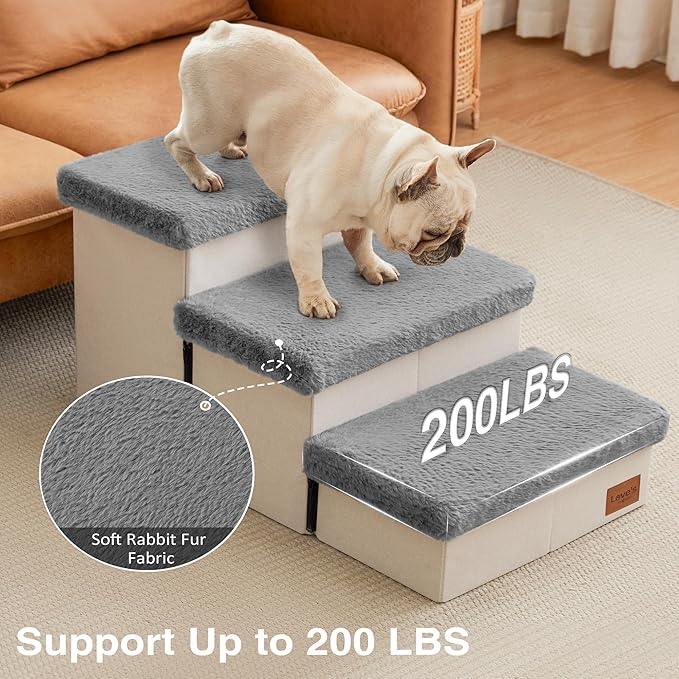 Love's cabin Dog Stairs for High Bed 18" H, 3 Steps with Furry Lids Pet Stairs for Small Medium Large Dogs, Foldable Cat Ramp with Zip up to 200 lbs, Grey