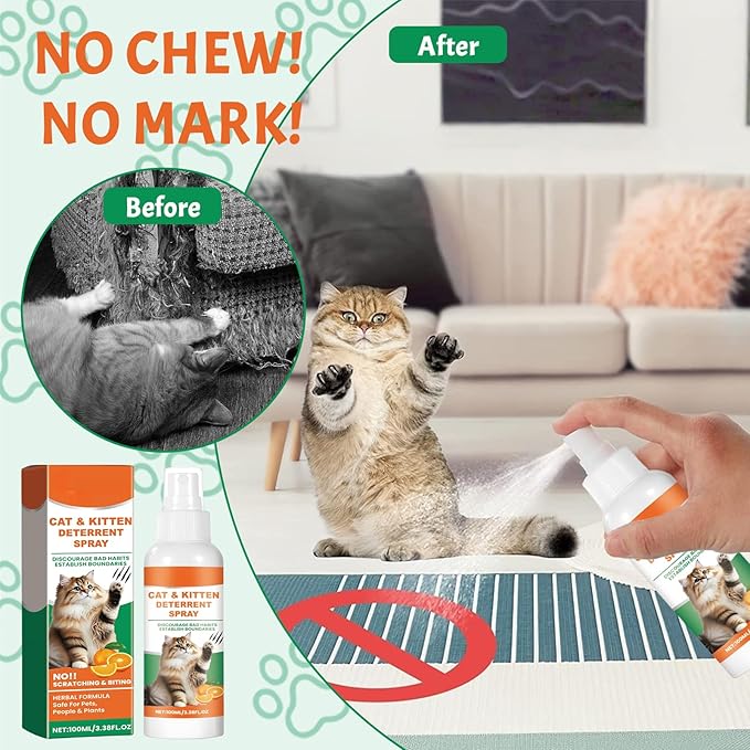 Cat Deterrent Spray, Safe Natural Cat Deterrent Outdoor, Cat Pee Deterrent Spray Indoor for Urine Marking Furniture, Humane Effective Training Aid Anti-Scratch for Cats and Kittens, 2PCS