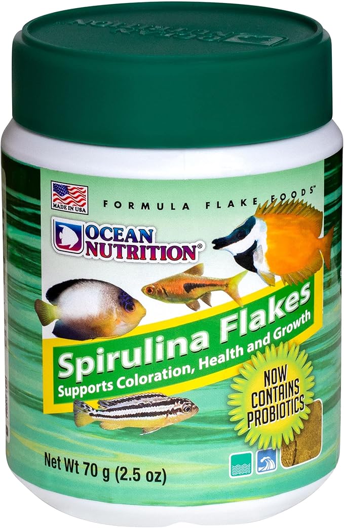 Ocean Nutrition Spirulina Flake Fish Food - Natural Ingredient Fish Food Flakes for Betta Fish and All Tropical Fish - Supports Health & Coloration, Does Not Cloud Water, Made in USA, 2.5 oz (70 g)