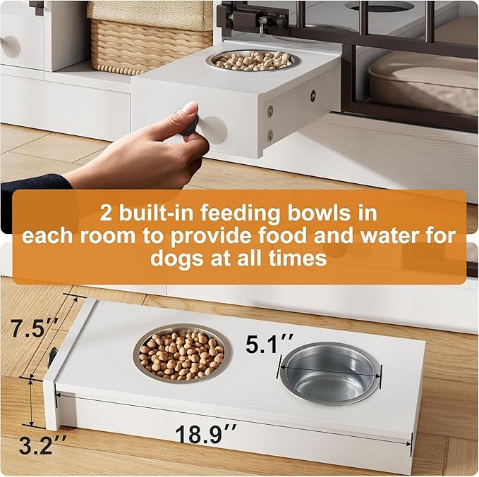 GAOMON Dog Crate Furniture for 2 Dogs, 78.7'' Large Dog Kennel Indoor with 2 Storage Drawers, 3 Shelves and Feeding Bowls, Double Dog Crate TV Stand for Small and Medium Dogs, White