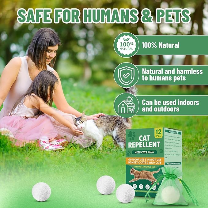 Cat Repellent Outdoor & Indoor, Cat Deterrent Outdoor Indoor, Natural Essential Oil Ball, Anti Cats Scratch for Furniture, Keep Cats Out of Yard, Keep Cats Away from Garden, Lawn Plants, 12 Packs