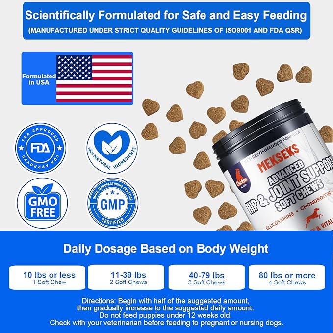 Advanced Dog Hip Joint Health Supplement Chews with Glucosamine for Dogs, + Chondroitin, MSM, Turmeric & Green Lipped Mussel, Support Mobility, Pain Relief for Senior All Breeds Soft Chewable Treats