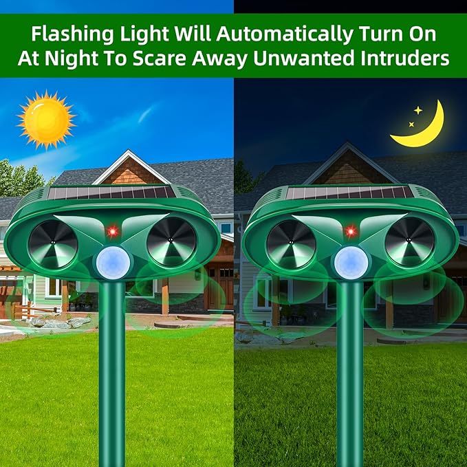 2 Pack 2025 Solar Ultrasonic Animal Repellent Cat Repellent Outdoor,Sonic Fortress Pro Deer Repellent Motion Detection,Waterproof Squirrel Mouse Raccoon Dog Rabbit Deterrent for Garden Yard