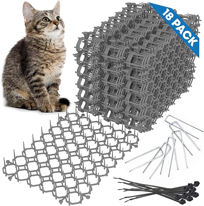 Petfolio 18 Pack Scat Mat for Cats - 8 x 6 Inch Cat Deterrent Mat with 1 Inch Spikes is A Great Cat Repellent Indoor & Outdoor to Keep Cats Away. Includes 6 Garden Staples & 10 Zip Ties (Grey)