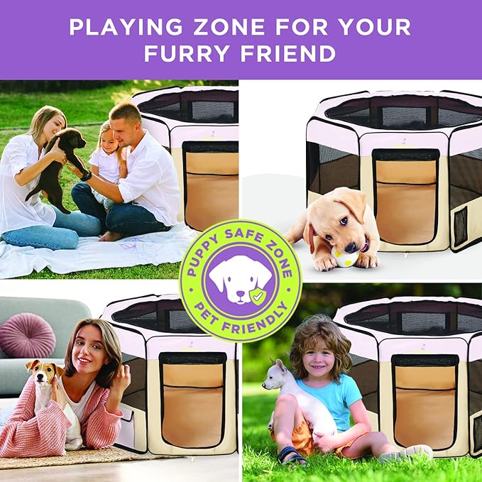 Zampa Puppy Pop Up Portable Playpen for Dog and Cat, Foldable | Indoor/Outdoor Kitten Pen & Travel Pet Carrier + Carrying Case (Pink, Extra Large (80"x80"x36"))