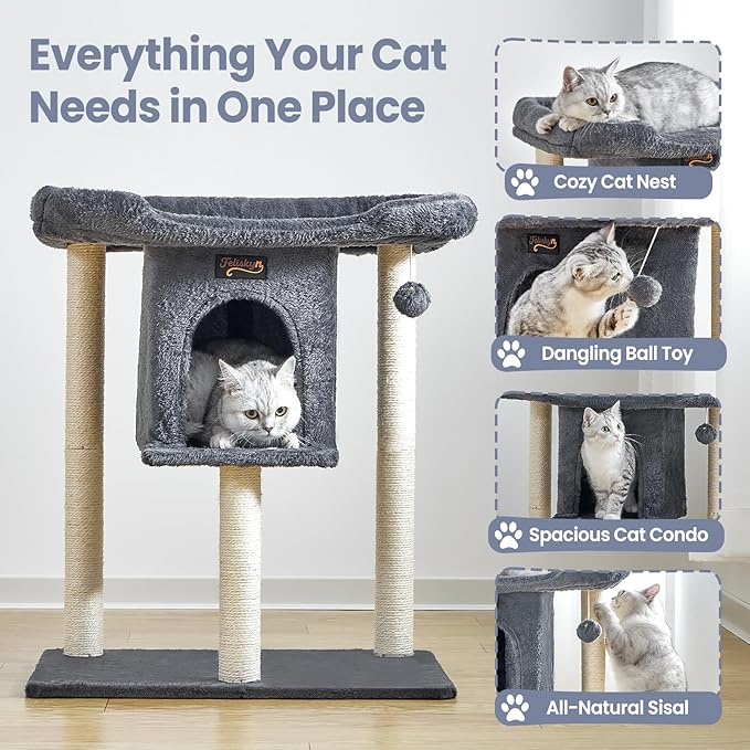 Cat Tree Tower Scratching Post for Indoor Large Cats, Small Cat Tree with Big Perch Bed, 28in Tall Trees House with Condo Cave, Toy Balls, Modern Climbing Furniture Platform for Kitten (Dark Gray)