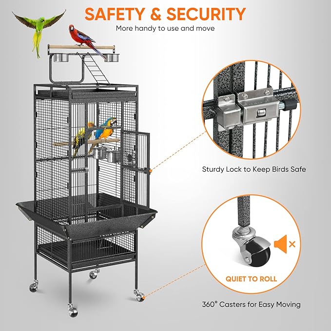 LEMY 61 inch Iron Play Top Bird Cage Large Pet Cage Birdcage with Stand Chinchilla Macaw Cockatiel Cockatoo Finch Parakeet Pet House (61 inch)
