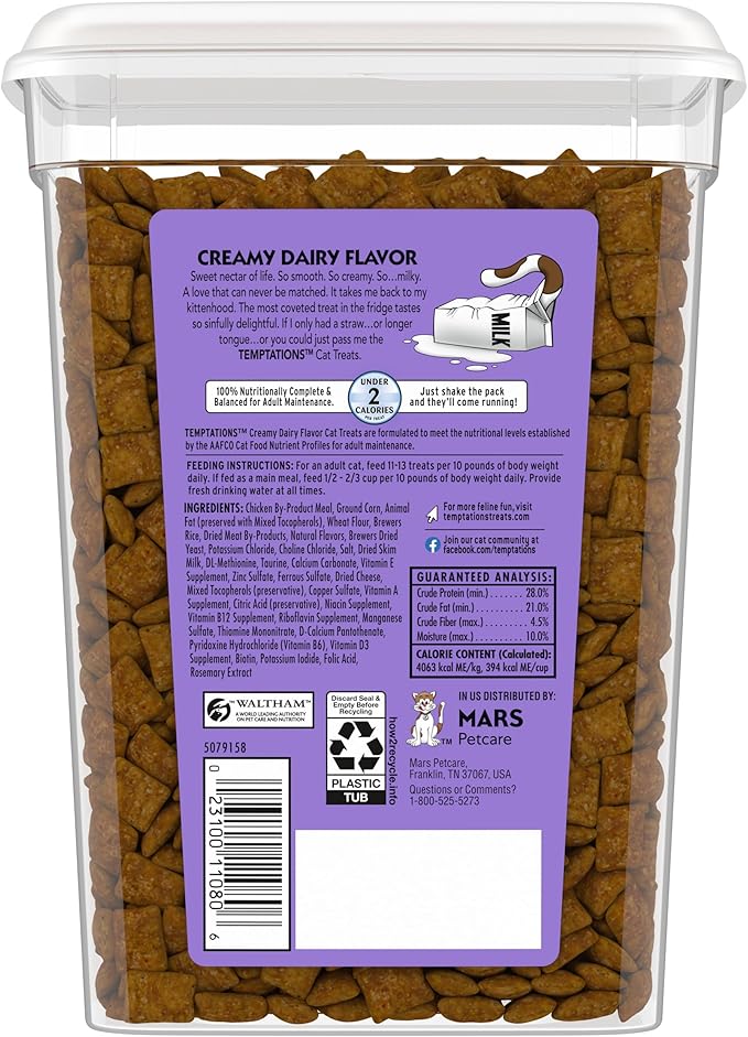 Temptations Cat Treats, Classic Crunchy and Soft Cat Treats, Creamy Dairy Flavor, 16 oz. Tub
