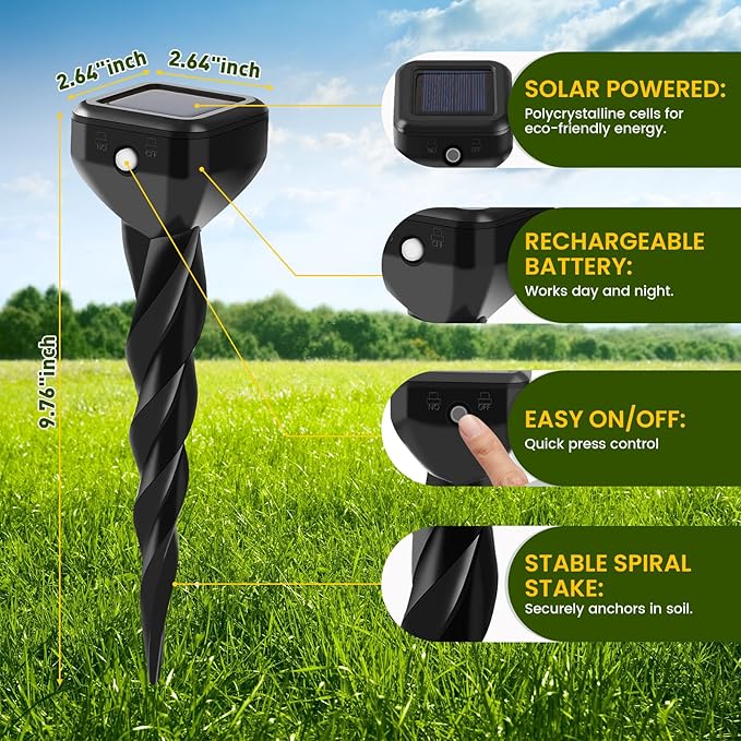 2026 Upgraded Mole & Snake & Skunk & Rabbit Repellent Solar Powered, Ultrasonic Deterrent, IP65 Waterproof, Effective Get Rid of Gopher Raccoon Vole Groundhog Chipmunk for Yard Lawn Garden, 4-Pack