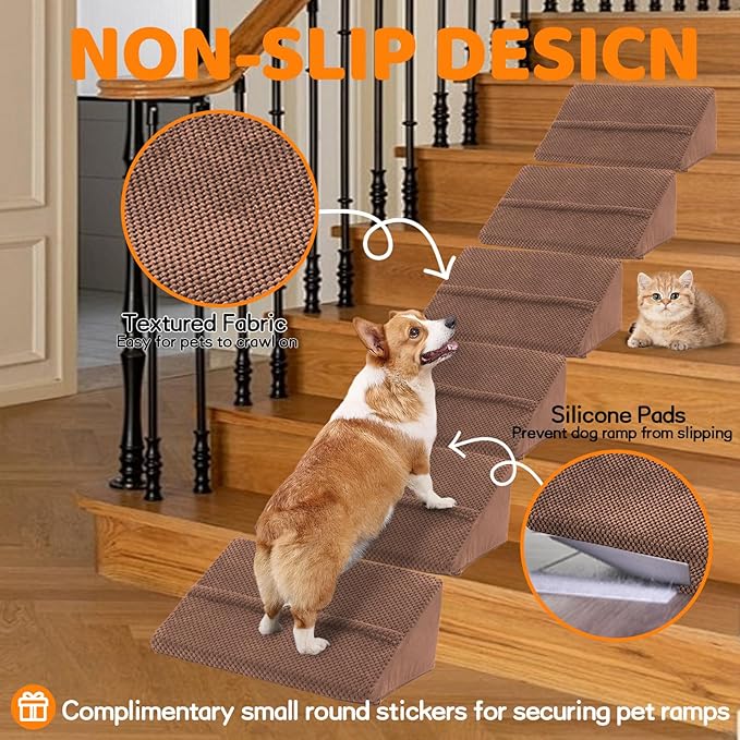Upgrade Non-Slip Dog Ramps/Stairs for Staircase, Foam Dog Ramps for Stairs Inside House, Foam Pet Ramps for Small Dogs, Stair Ramp for Injured Dogs Cats with Self-Sticky Pads to Fix, 6 Pack