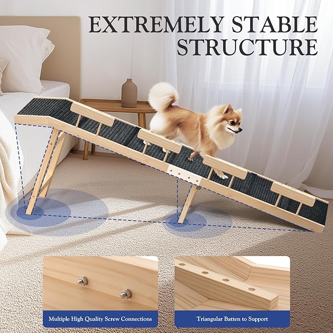 Easyego Foldable Dog Ramp for Bed and Couch, 74" Wood Pet Ramp with Side Rails and High Traction Carpet, 22° Gentle Long Slope, Top Landing Platform, Supports up to 200 LBS for Senior Dogs - Natural