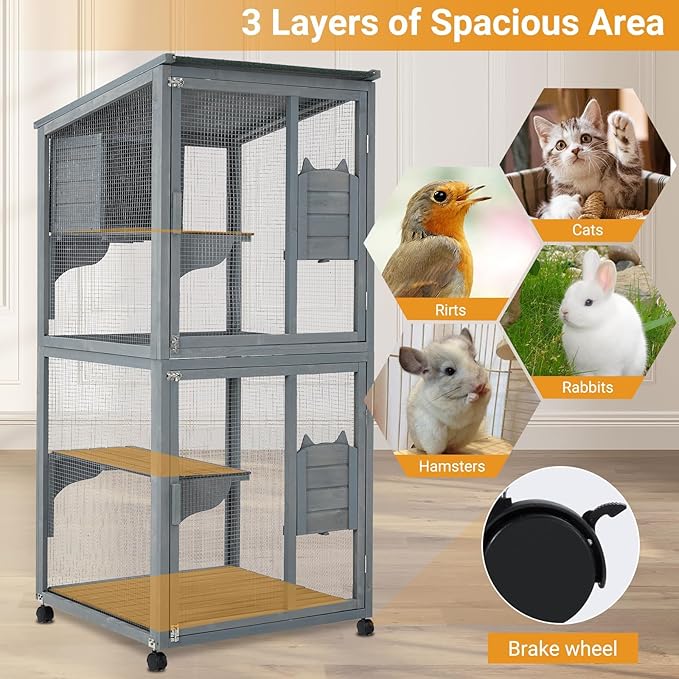 Cat Patio Enclosure, 69" Large Indoor Outdoor Catio Cage with Waterproof Roof, Lockable Wheels, Resting Cabin & Platforms for Multi-Cat Families, Weatherproof Catios