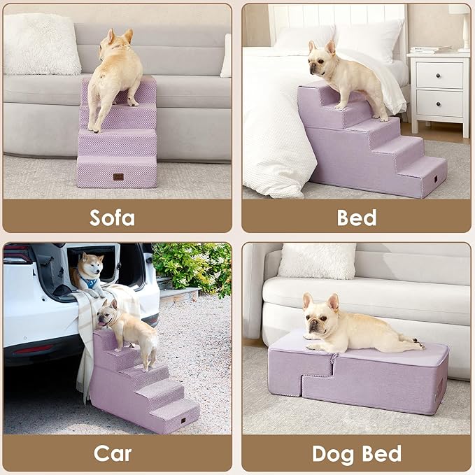 EHEYCIGA Dog Stairs for Bed 18" H, 4-Step Dog Steps for High Bed, Pet Steps for Small Dogs and Cats, Non-Slip Balanced Pet Ramp Indoor, Lilac