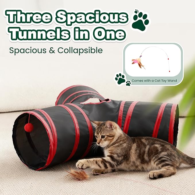 Love’s Cabin Cat Tunnel for Indoor Cats, 3-Way Collapsible Play Tunnel with Teaser Wand, Peek Holes & Toy Ball, Small Pet Toy for Kittens & Rabbits, Black & Red, Small Size