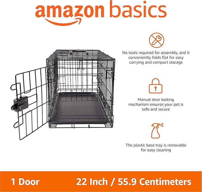 Amazon Basics Durable, Foldable Metal Wire Pet Crate with Tray, Portable and Sturdy for Travel, Single Door, Divider Panel, Perfect Size for Small Dogs, 22 x 13 x 16 in, Black