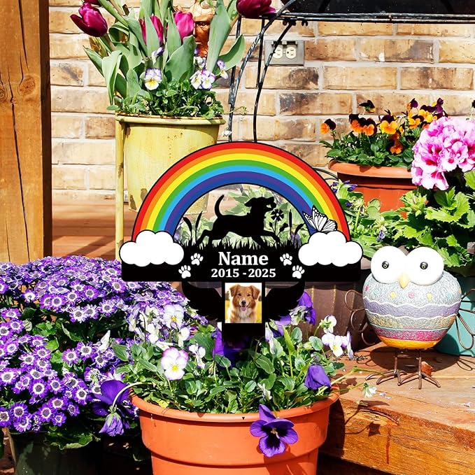 Pet Grave Markers Dog,Metal Pet Headstone for Lost Dog Sympathy Gift,Waterproof Dog Grave Markers for Garden or Indoor,Dog Tombstone Garden Memorial Graves (Rainbow Bridge Dog(Colorful))