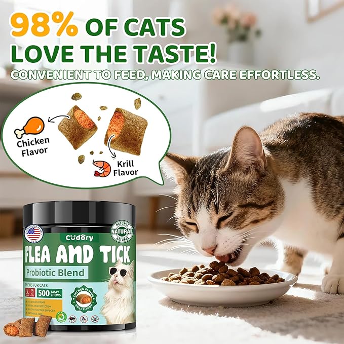 Flea and Tick Prevention for Cats, 500 Cat Flea Treatment with Probiotics Chewables, Crunchy & Creamy Treats Natural Oral Flea Supplement with Skin & Coat, Digestive Support - Chicken, Krill Flavor