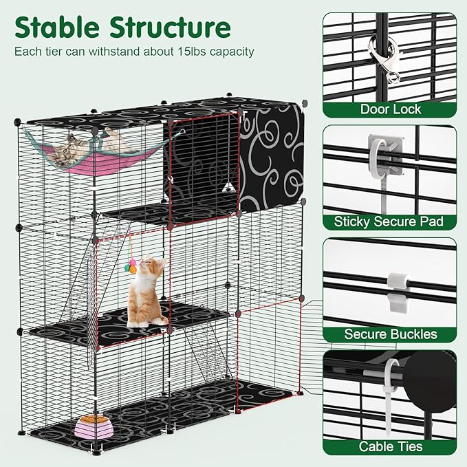 3-Tier Cat Cage, Indoor Cat Enclosures with Hammock Toy Bal Ladders, DIY Cat Playpen Detachable Metal Wire Kennels Kitten Crate Cats House Large Exercise Place for 1-2 Cats/Kitten, 42"x14"x42"