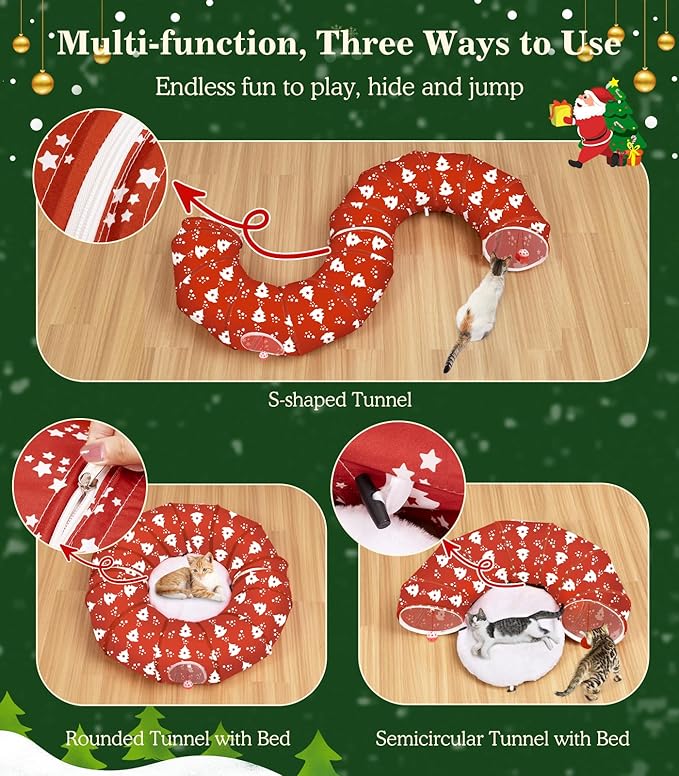 Pawaboo Cat Tunnel Bed Under Christmas Tree, 35.4'' Christmas Cat Toy Circle Tunnel with Ball,Cats Tunnels Christmass Trees Skirt Decorative Festive Foldable Kitty Tube Tunnels for Cats(Red Xmas Tree)