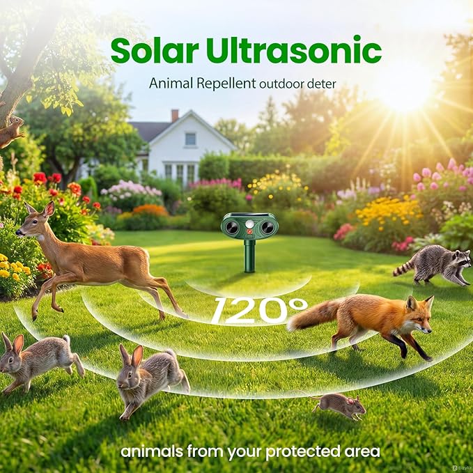 2026 Upgraded Solar Ultrasonic Animal Repellent Outdoor Deer Cat Repellent with Motion Sensor Flash Light,IP65 Waterproof Repeller Keep Rodent Squirrel (2)