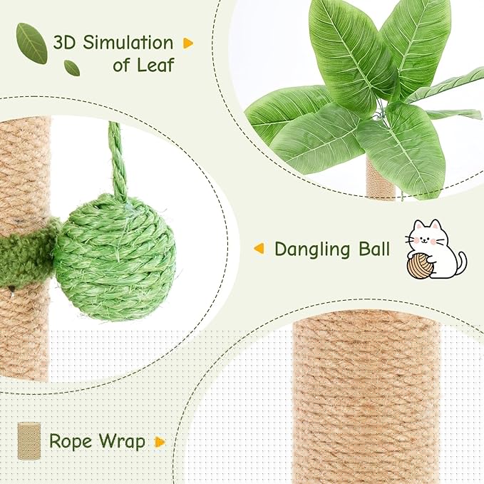 Sweetcrispy 33" Cat Scratching Post for Indoor Cats, Cat Scratcher Scratching Posts with Dangling Ball for Adult, Palm Tree Cat Scratch Post for Kittens, Green