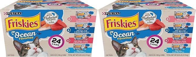 Friskies Purina Ocean Favorites Wet Cat Food Pate and Meaty Bits Variety Pack with Salmon and Tuna - 5.5 oz. Cans,(Pack of 48)