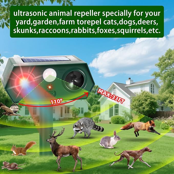 2025 Solar Ultrasonic Animal Repellent Sonic Fortress Pro Raccoon Repellent Cat Repeller Deer Deterrent with Flash Light Motion Sensor to Keep Squirrel Rabbit Dog Skunk Out of Garden Yard(4Pack)