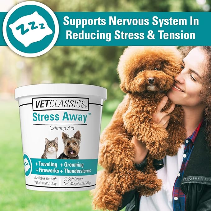 Vet Classics Stress Away Calming, Anxiety Aid for Dogs and Cats – Soft Chew Pet Health Supplement for Dogs, and Cats - Melatonin, Ginger – 65 Soft Chews