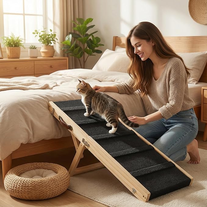 Wooden Pet Ramp for Bed, Foldable Dog Ramp with Removable Side Rails, Lightweight Ramp for Dogs for Large Dogs Senior Cats, Supports up to 50 lbs for Easy Access to Bed or Car (Trumpet)