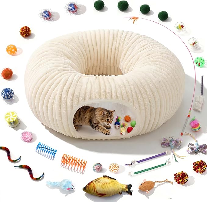 Cat Tunnel Bed with 40 Pcs Interactive Cat Toys, Cat Tube with Kitten Toys for Indoor Kittens, Collapsible Play Tunnel, White