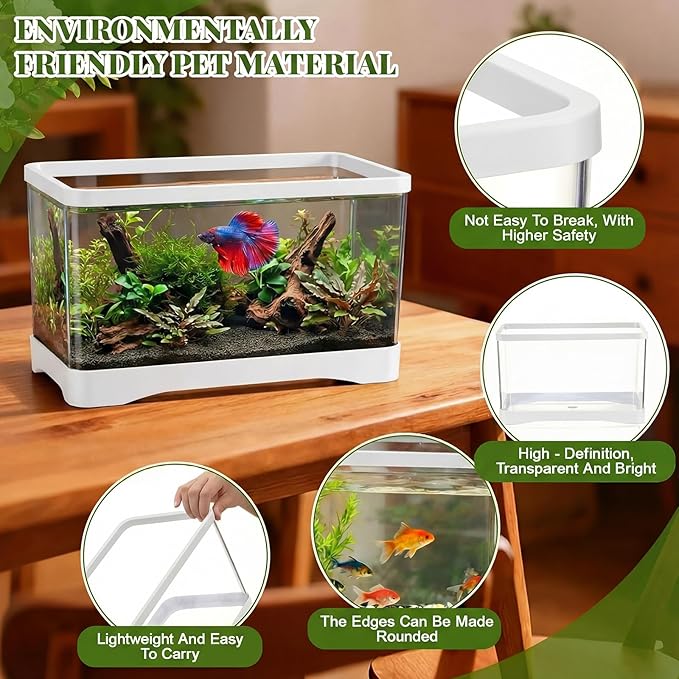 Geelin 2 Gallon Plastic Rectangular Fish Tank, Aquarium for Betta Fish Reptiles Succulents Flower Centerpiece, Shatterproof with Clear Clarity for Home Office Desktop Decors (White)