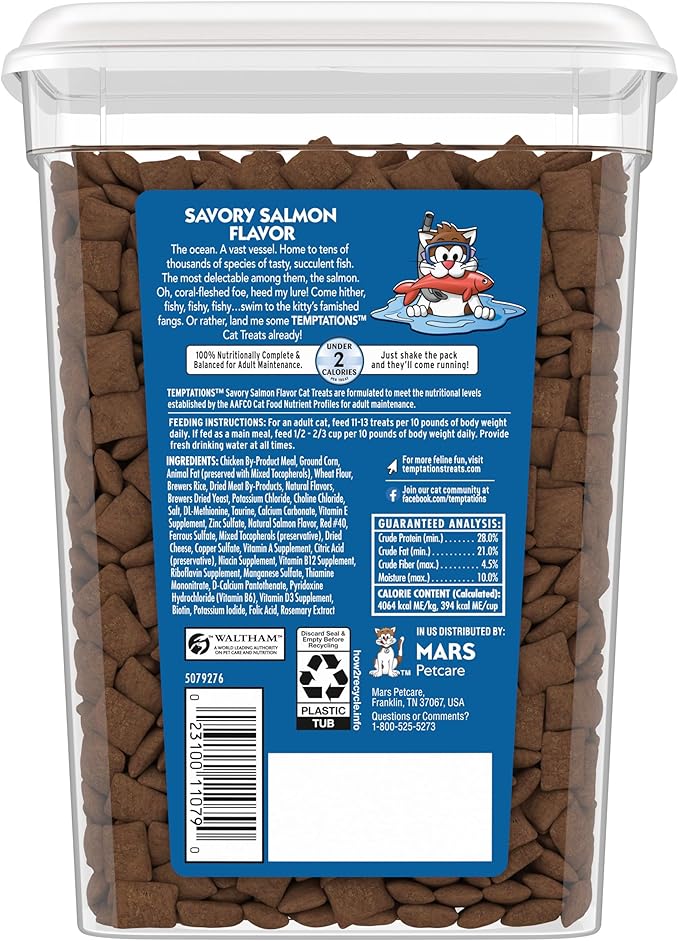 Temptations Cat Treats Classic Crunchy and Soft Cat Treats, Savory Salmon Flavor, 16 oz. Tub