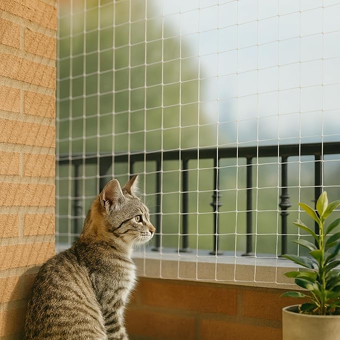 Cat Balcony Net – Transparent Nylon Safety Screen for Balconies, Windows, Patios & Catios; Apartment-Friendly Garden/Deck Netting; Weather-Resistant, Cut-to-Fit; Install Kit Included;（White）