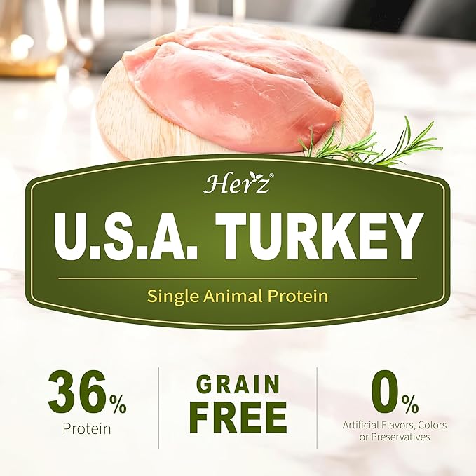 Herz Air-Dried Dog Food, Pup Food for All Life Stages, Ideal for Picky Eaters, Single Pure-Meat, Grain Free, All Natural, High Protein, Limited Ingredients, 2 lb U.S.A Turkey Breast Recipe.