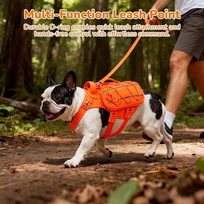 Large Dog Harness Backpack, No Pull Adjustable Dog Vest with Handle & Leash Ring, Lightweight Dog Backpack with Side Pockets for Walking, Training & Day Hikes, Orange, L