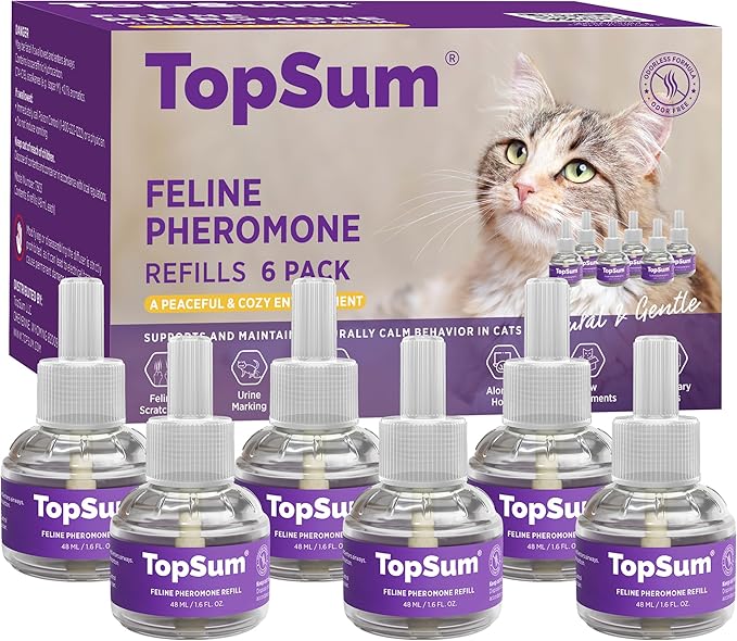 TopSum Cat Calming Diffuser Refill: 6 Refills Top Value Pack Cat Pheromones Calming Diffuser Refill – Helps Reduce Scratching Peeing Meowing Hiding Urine Marking Aggression (6 Refills)