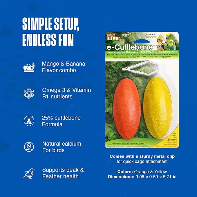 Penn-Plax Bird-Life E-Cuttlebone Flavored, 1 Pack (2 Counts) - Mango & Banana - Durable, Less Brittle Cuttlebones Enriched with Omega 3 & Vitamin B1 - Cage Clip - for All Bird Sizes - Orange & Yellow