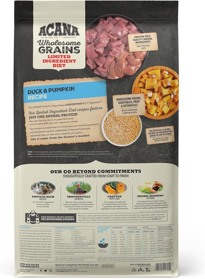ACANA Wholesome Grains Dry Dog Food Limited Ingredient Duck & Pumpkin Recipe 22.5lb Bag