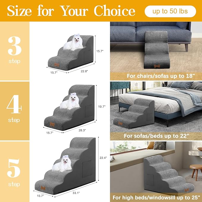 Dog Stairs for Small Dogs, Wide Pet Step with Removable Cover, No Assembly High Density Foam Cat Ramp for Bed or Sofa, 3-Step, Dark Grey