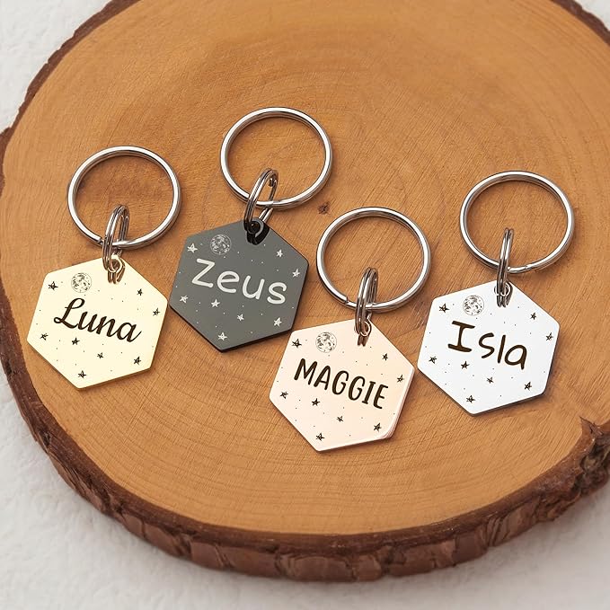 Anavia Small Size Dog Cat ID Tags, Small/XS Personalized Color Plated Stainless Steel Puppy Kitten Name Tags, Customized Engraved Nameplate Pet Collar Tag (Rainbow, Hexagon)