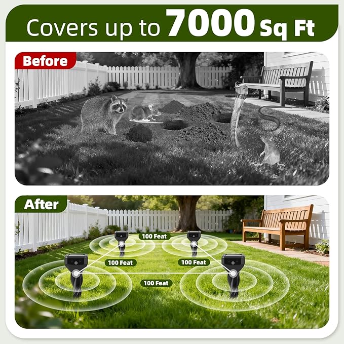 2026 Upgraded Mole & Snake & Skunk & Rabbit Repellent Solar Powered, Ultrasonic Deterrent, IP65 Waterproof, Effective Get Rid of Gopher Raccoon Vole Groundhog Chipmunk for Yard Lawn Garden, 4-Pack