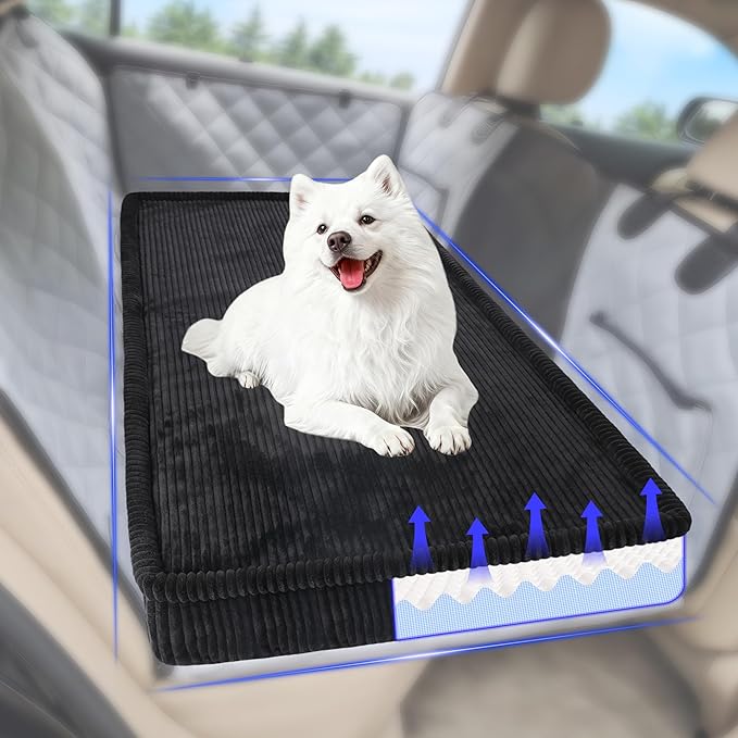 Thickened 4 In Orthopedic Dog Car Bed, Non-Slip Backseat Pet Mat, Removable Washable for SUVs/Sedans/Trucks, Plush Comfort for Large/Senior Dogs, Easy Clean (Black, Medium (50"L×24.6"W×4"H))